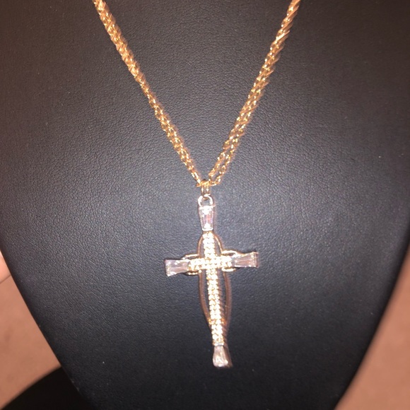 Cross Necklace Yellow White Gold Overlay - Picture 2 of 9